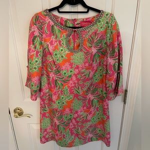 Lilly Pulitzer silk embellished mini dress with spits in sleeves; Size 6